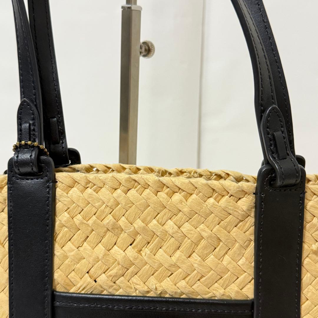 コーチ かごバッグ C金具 肩掛け可能 ストロー×レザー ブラック