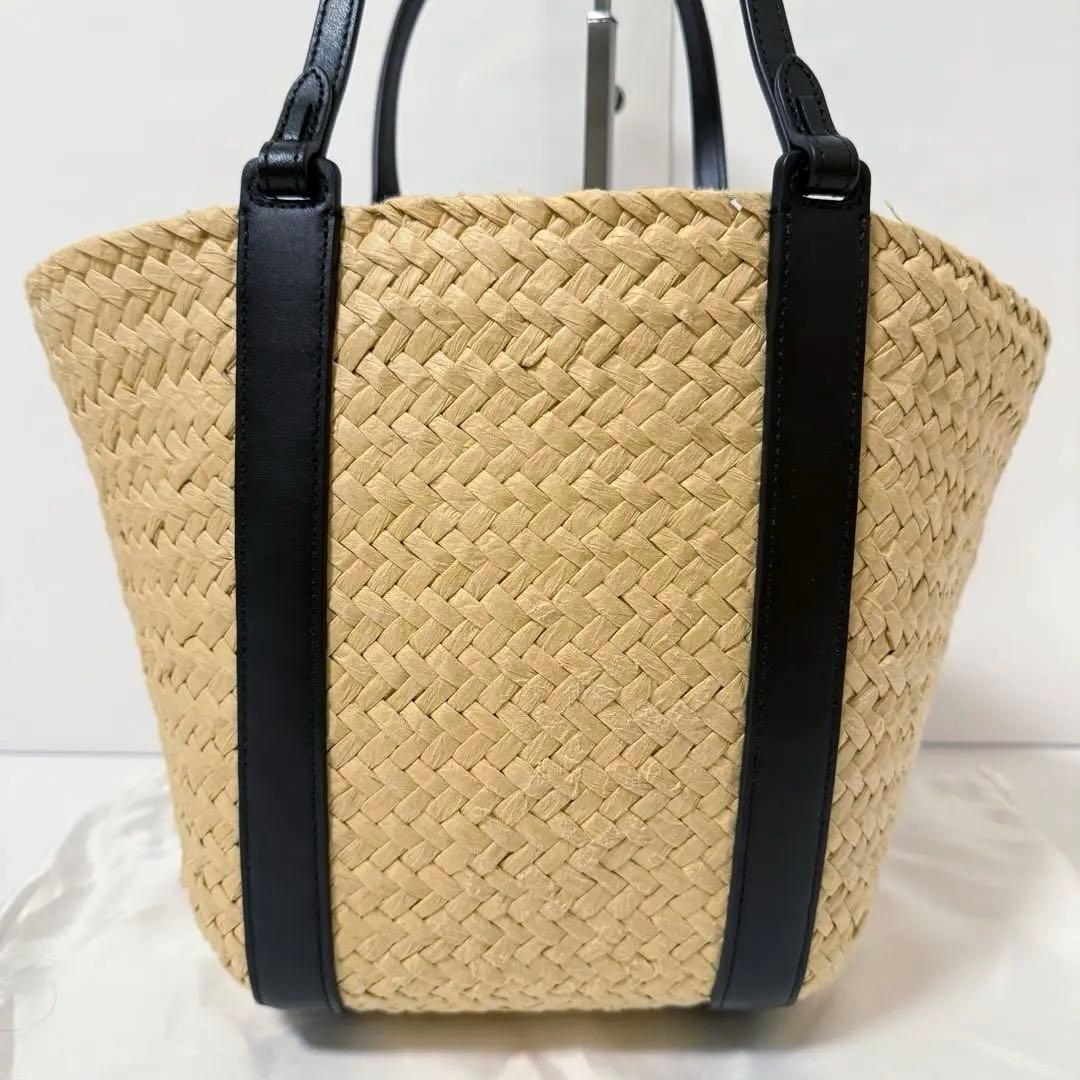 コーチ かごバッグ C金具 肩掛け可能 ストロー×レザー ブラック