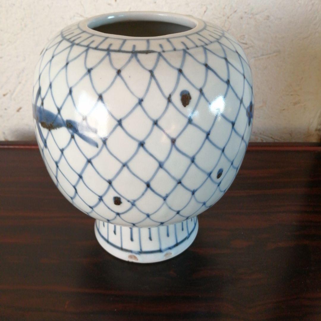 中国　網目紋飛魚画胴継花瓶　22cm　民国〜昭和中期