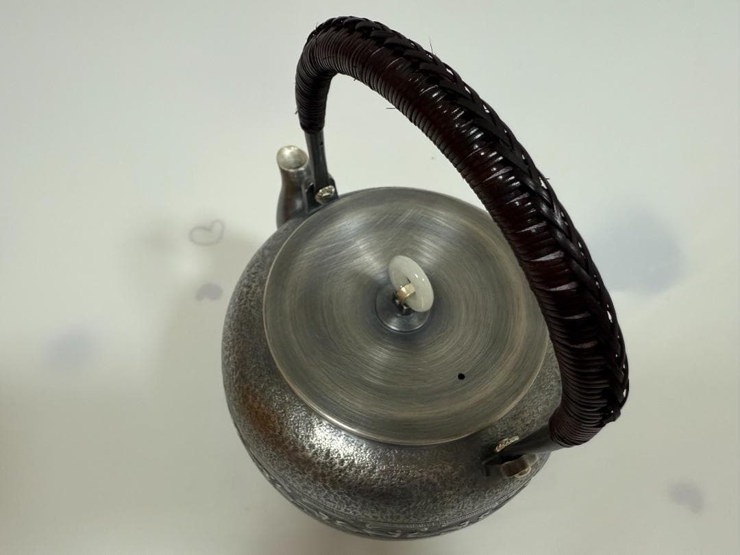 純銀製 如意鎖紋 環玉摘 湯沸 銀瓶 煎茶道具