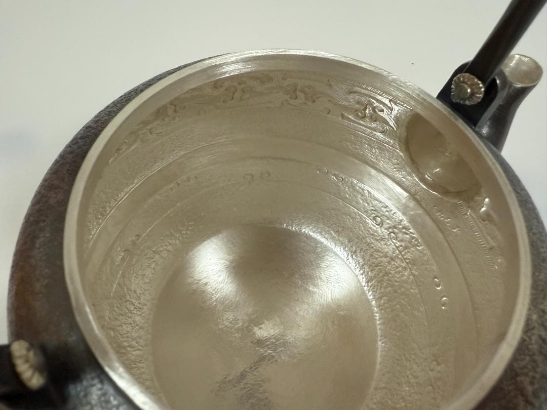 純銀製 如意鎖紋 環玉摘 湯沸 銀瓶 煎茶道具