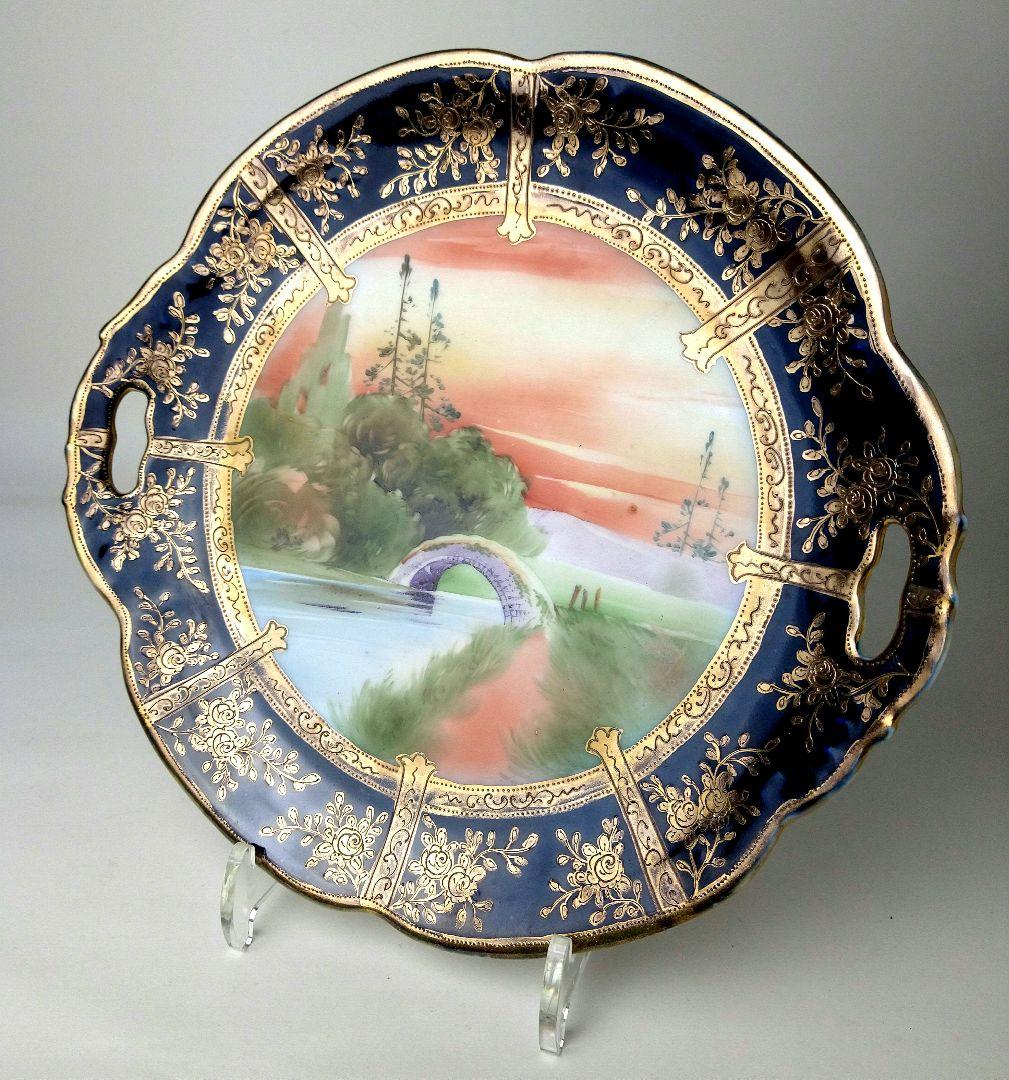 オールドノリタケ モールド 金彩薔薇絵盛り上げ風景絵シリーズ