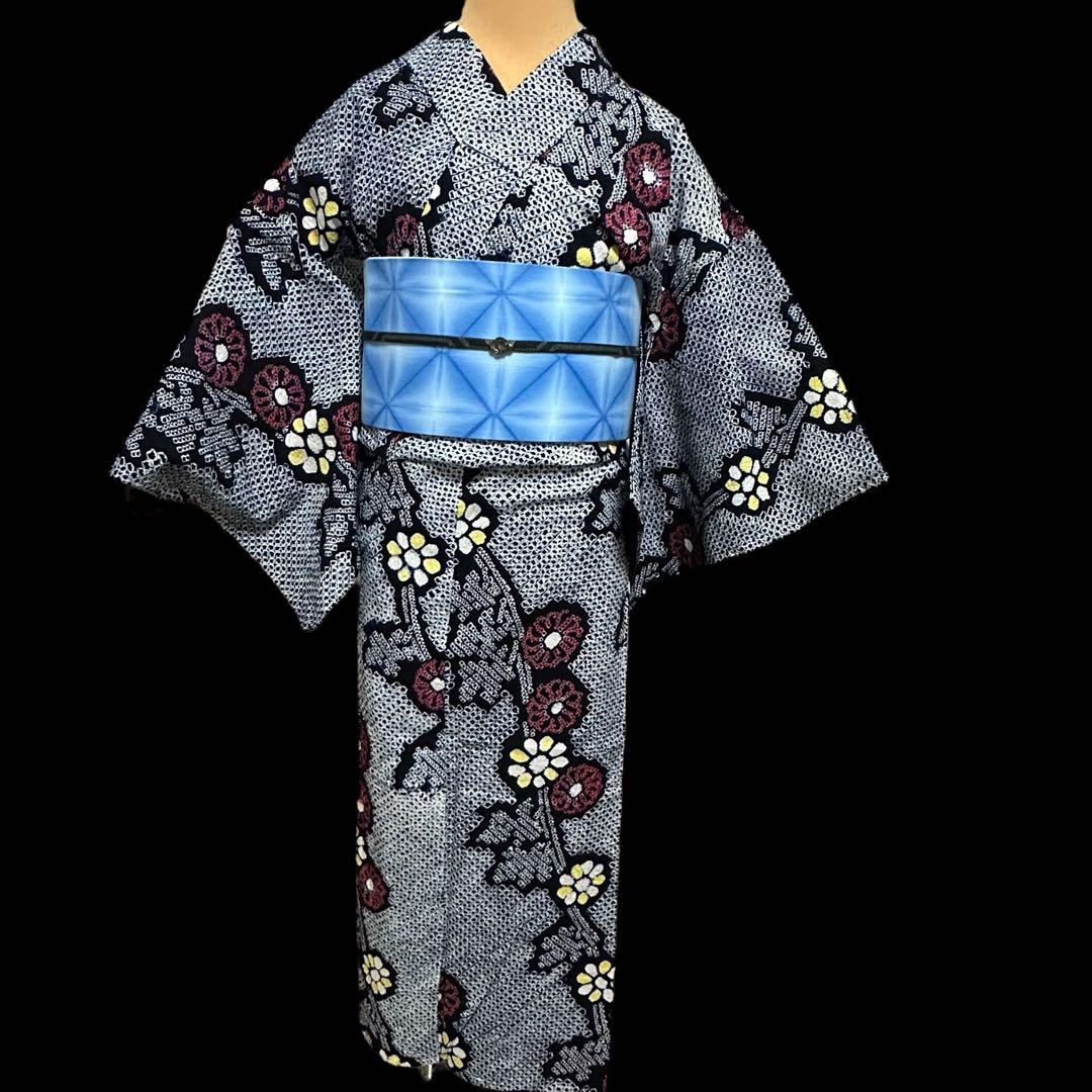 ★有松鳴海絞り浴衣‼️濃紺系　総絞り　手絞り　綿　クリーニング済