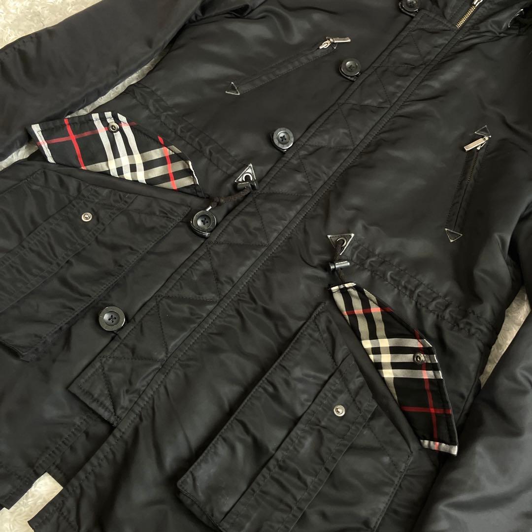2way✨バーバリー モッズコート ロング ファー ノバチェック 中わた 黒 L
