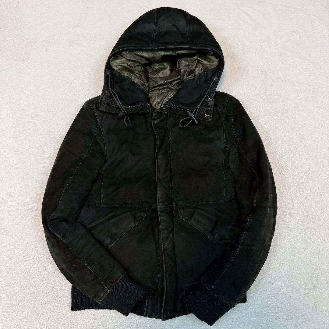 イサムカタヤマバックラッシュ レザー ダウンジャケット ラムレザー フード