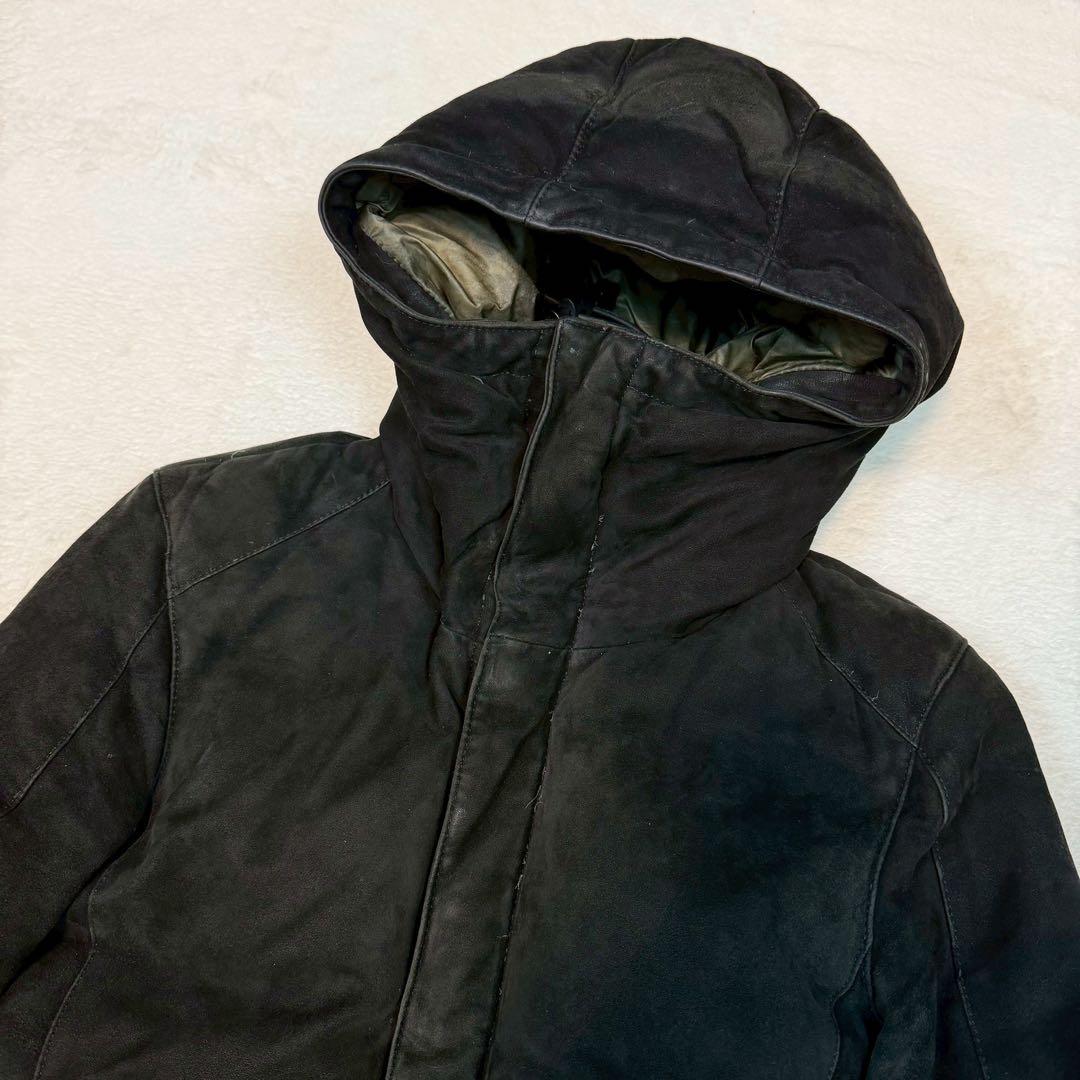 イサムカタヤマバックラッシュ レザー ダウンジャケット ラムレザー フード