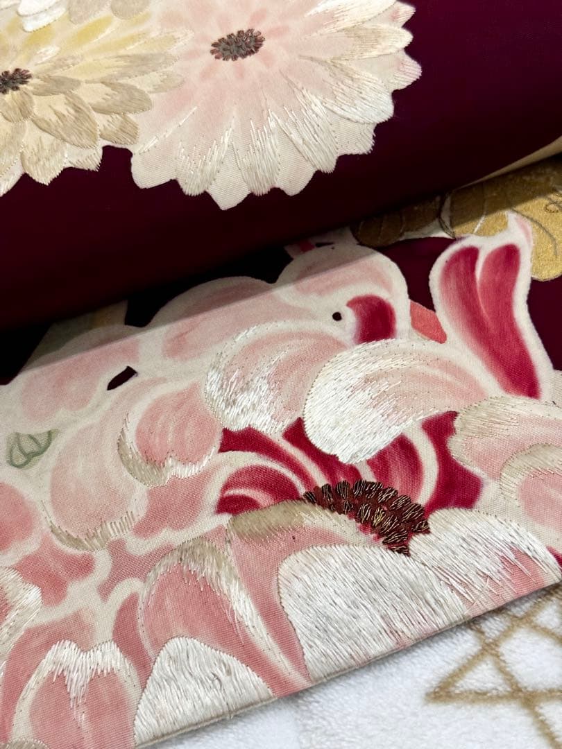 15時までの値段【美品】アンティーク帯 刺繍 塩瀬 菊 乱菊 名古屋帯 正絹