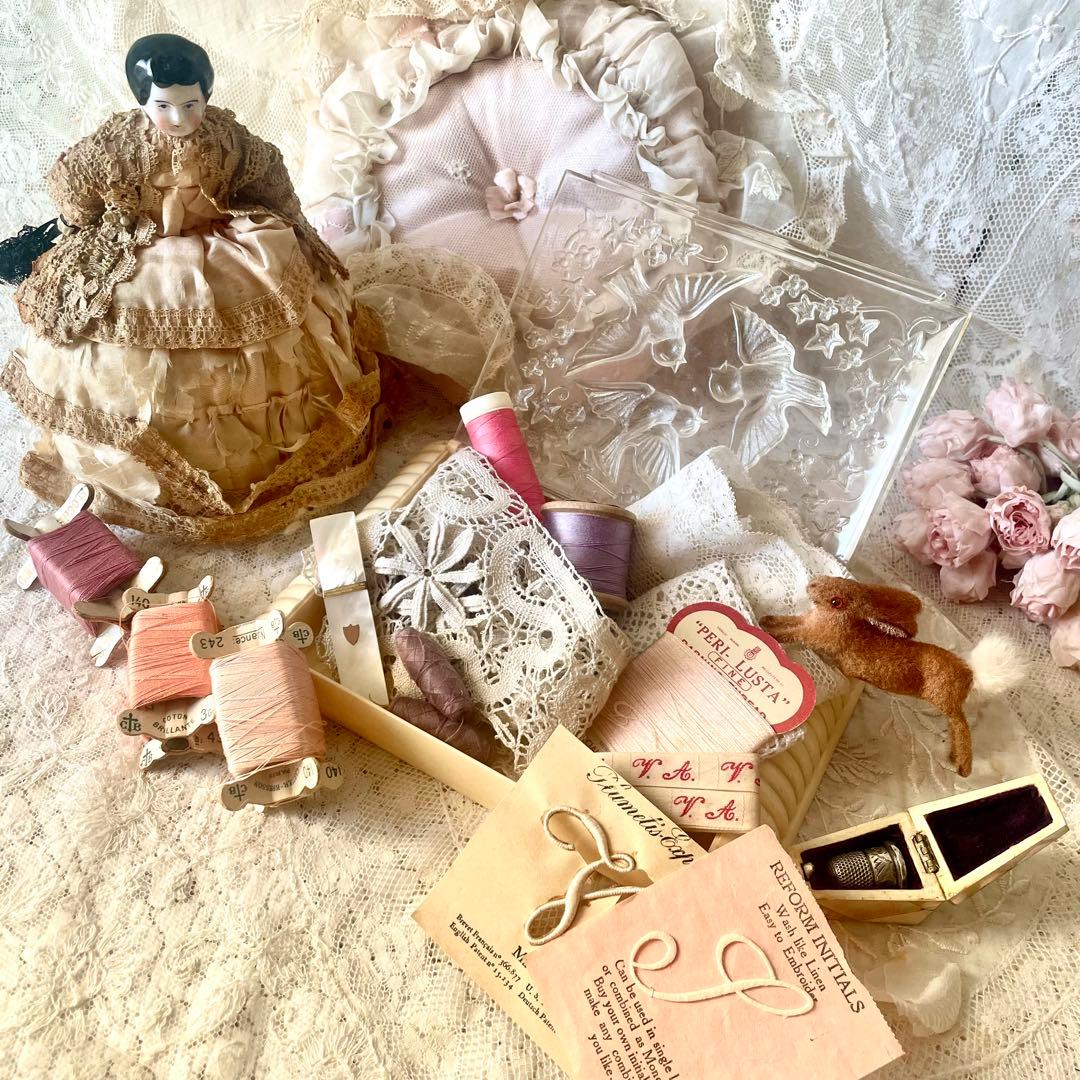 小鳥レリーフのメルスリーボックス　裁縫箱　フランスアンティークヴィンテージ