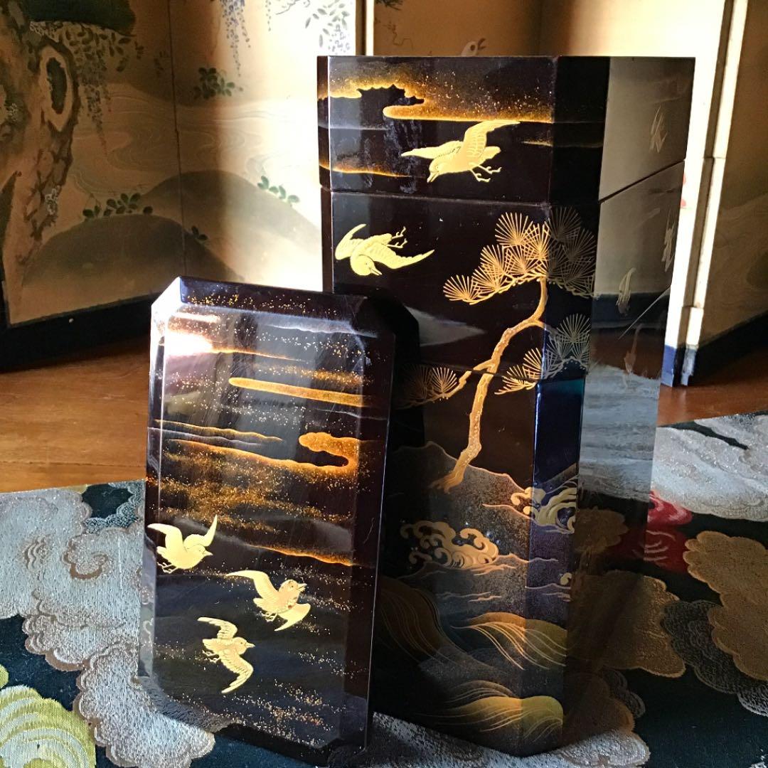 ❣️特別出品 輪島塗 肉合研出蒔絵　波に千鳥図 銀散し　野弁当 重箱