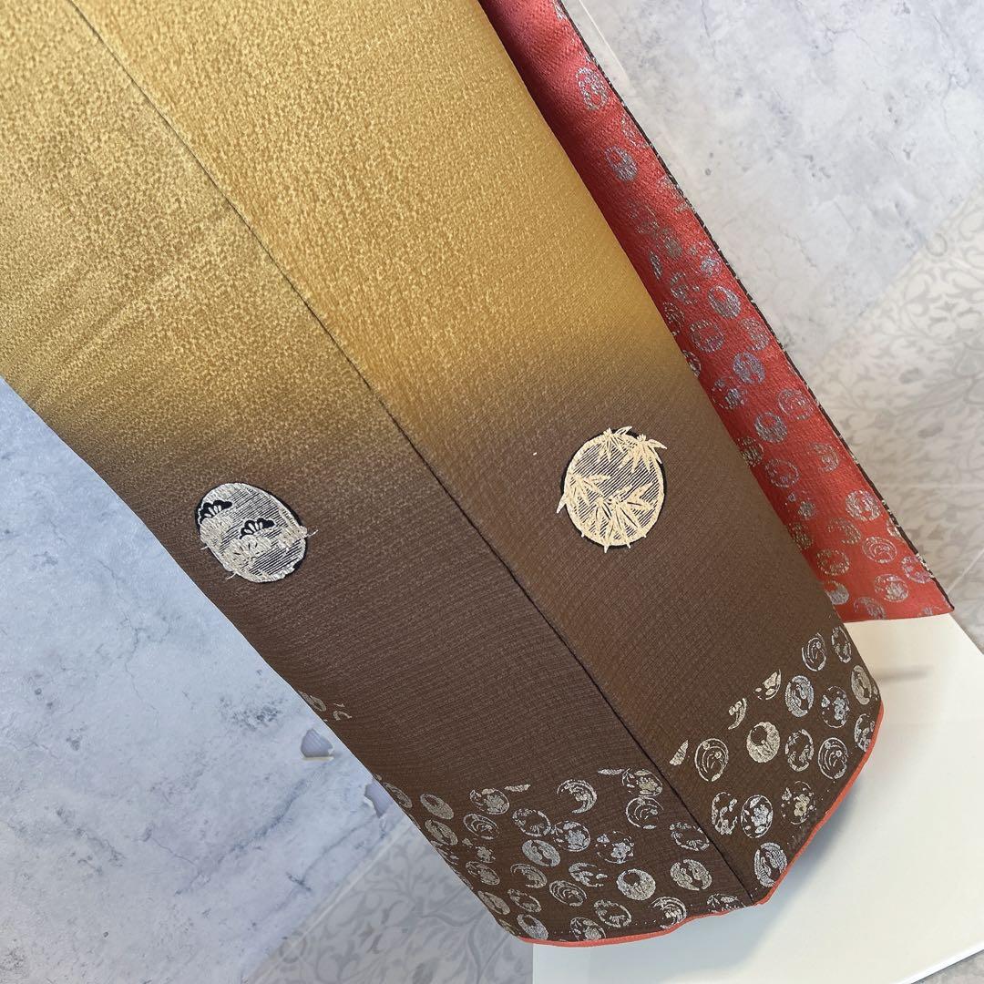 訪問着フルセット　着物　正絹　家紋　かっこいい　茶色　ゴールド