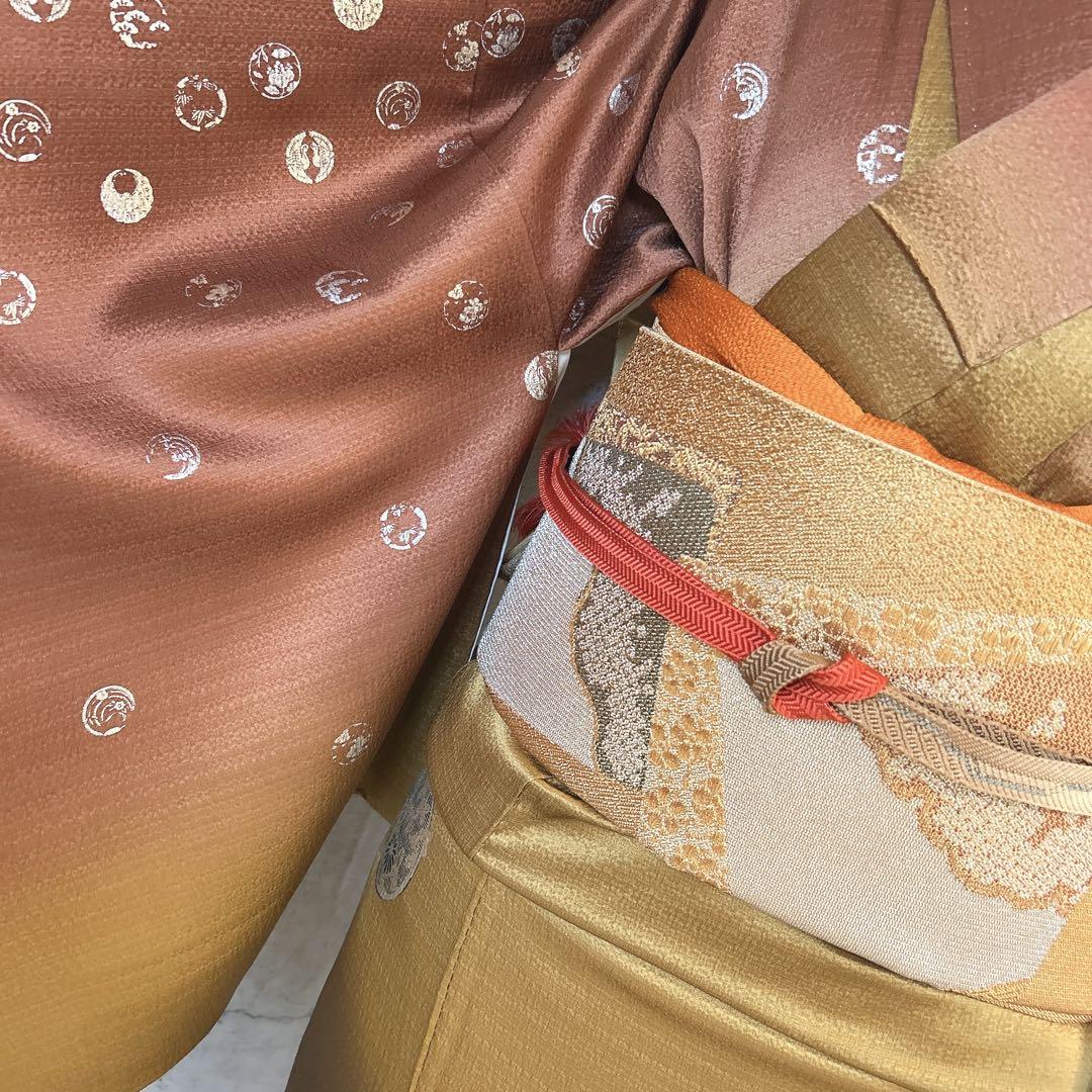 訪問着フルセット　着物　正絹　家紋　かっこいい　茶色　ゴールド