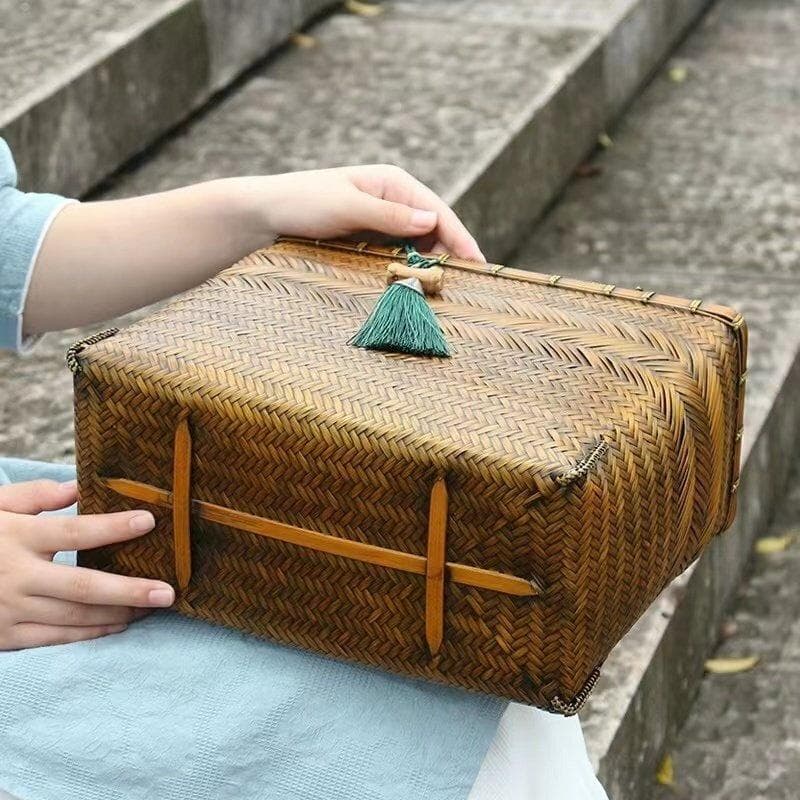 竹製編み込みバッグ タッセル付き 収納かご 手作り