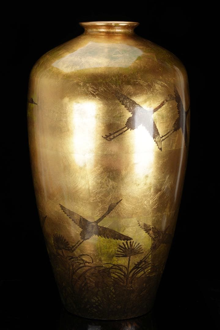 大型 漆塗 金地花瓶 鶴図 秋草文様 高さ62cm 花器 飾壺 古美術品 骨董品