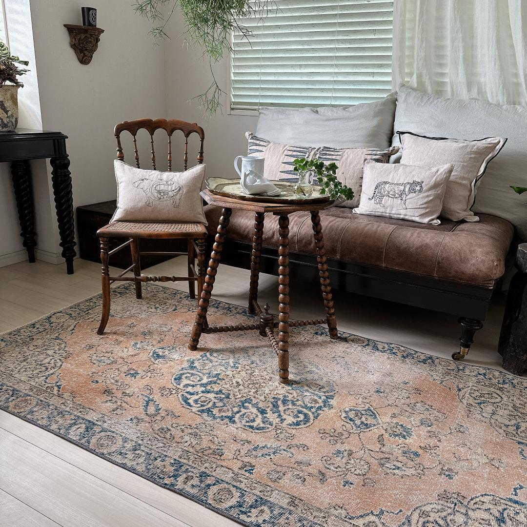 トルコヴィンテージラグ A43 オレンジ キャメル ネイビー ブルー グリーン