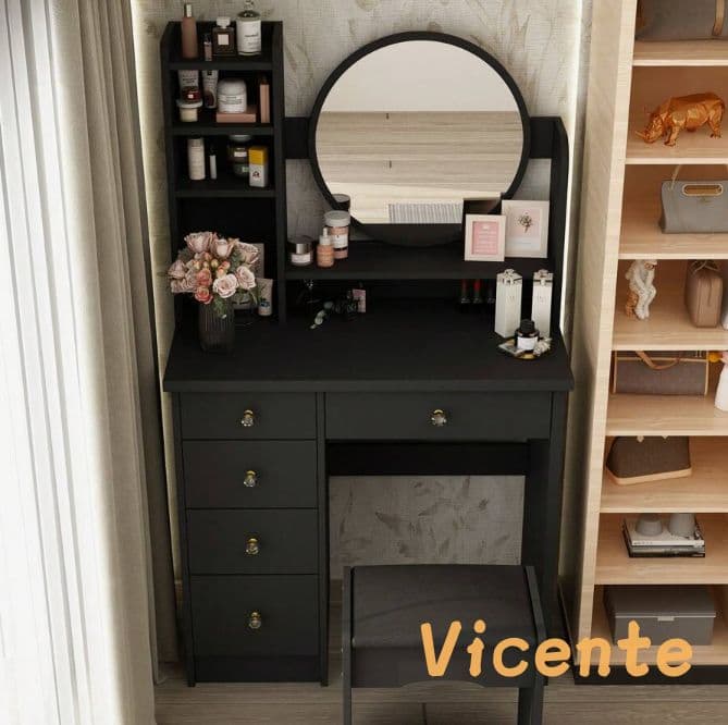 北欧風ドレッサー 円形女優ミラー 引き出し 5 杯 スツール付き 寝室化粧台