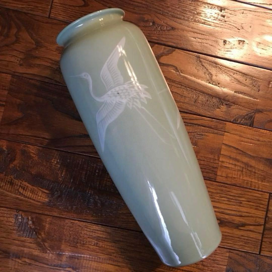 経年70年以上 清水焼 青磁 『鶴』花瓶 花器 花入 壺 飾り壺 時代物 骨董品