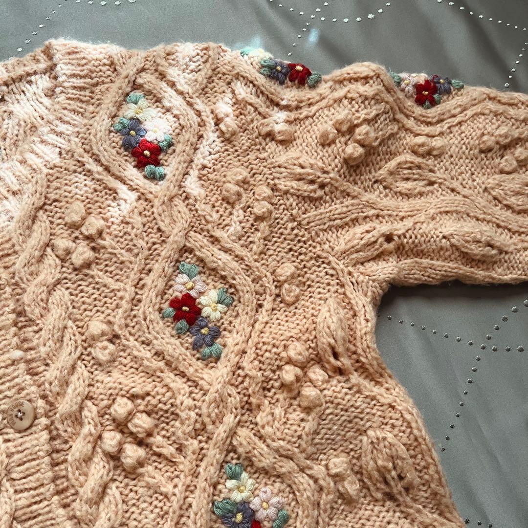 古着 ピンクハウス 花刺繍 ローゲージ手編み アランニット ピンク ヴィンテージ