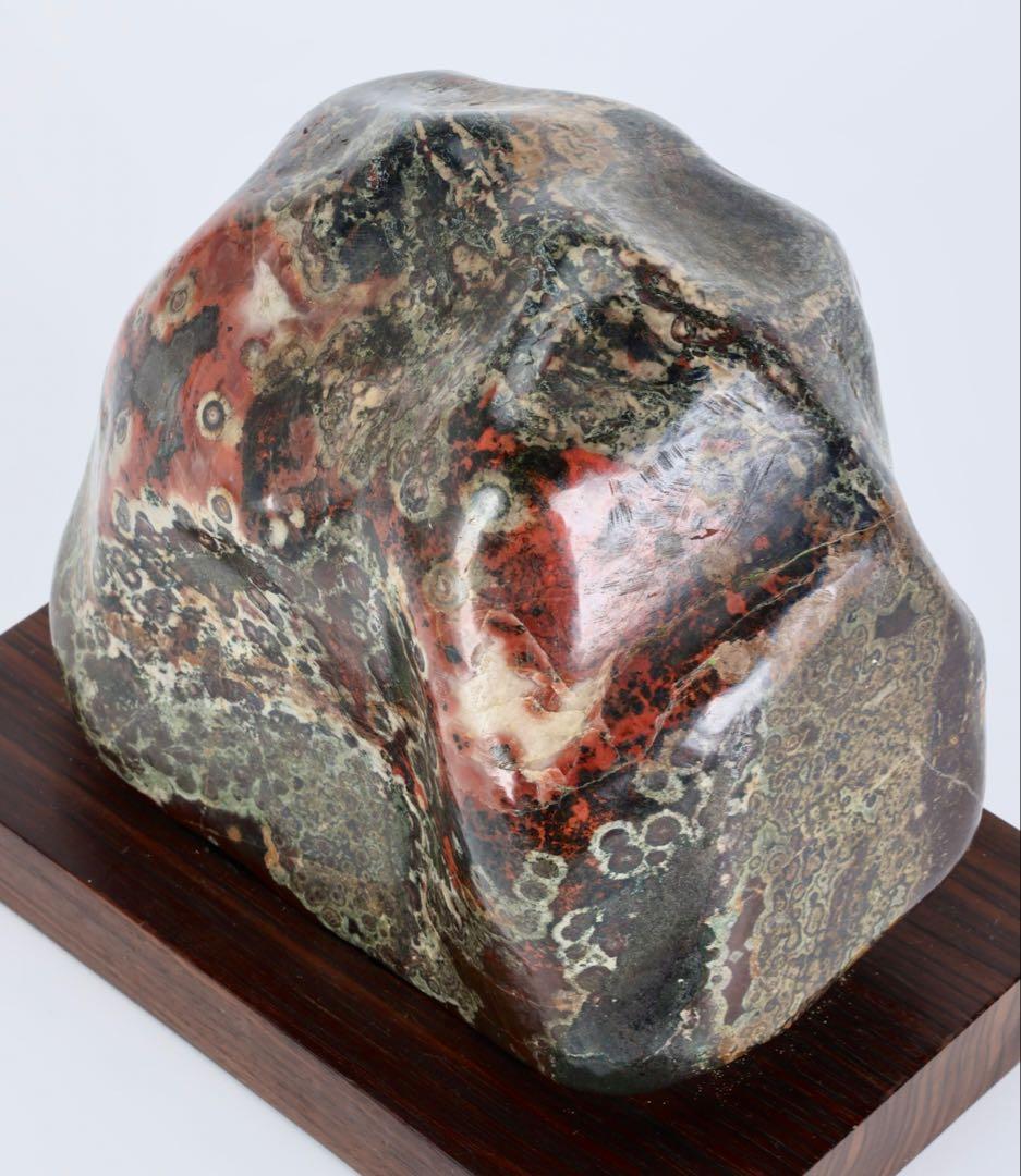 孔雀石 菊花石 梅花石 紋石 桜石 鑑賞石 原石 5.4kg 台座付 水石 盆石