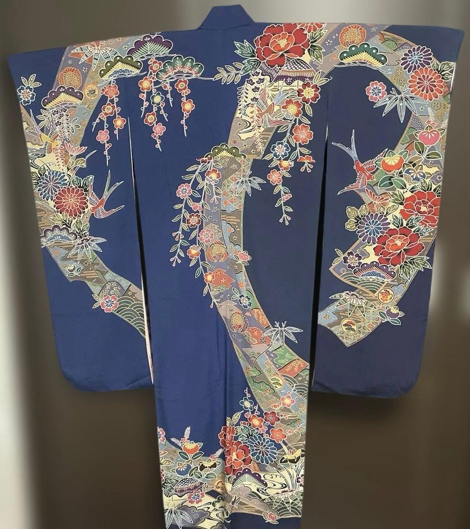 振袖と長襦袢セット　紅型　紺色　正絹　期間限定出品1/31まで