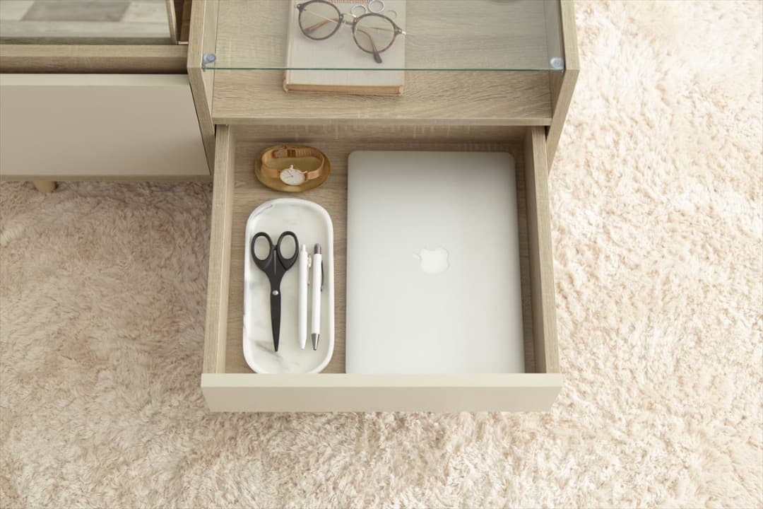 【送料無料】 ディスプレイ収納付きドレッサーテーブル 机 ロー ガラス天板