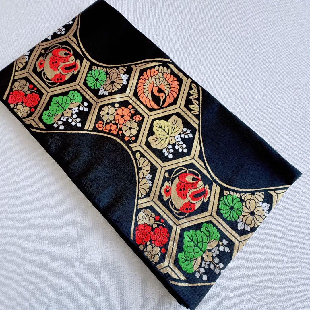 セット　七五三　７歳女の子　赤地　蝶牡丹　黒地袋帯亀甲鶴　袖なし長襦袢7099