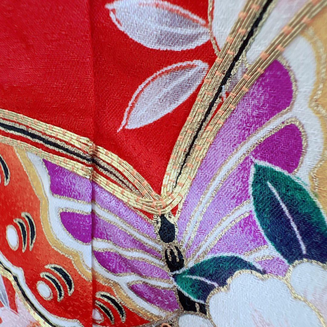 セット　七五三　７歳女の子　赤地　蝶牡丹　黒地袋帯亀甲鶴　袖なし長襦袢7099