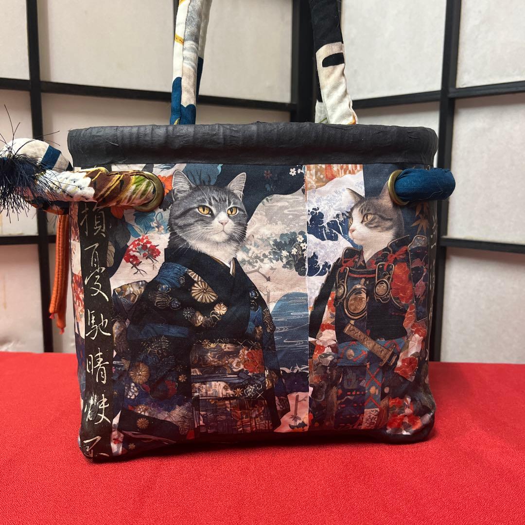 侍猫 一閑張り バッグ かごバッグ ハンドバッグ 和猫 和柄 武士 少し小さめ