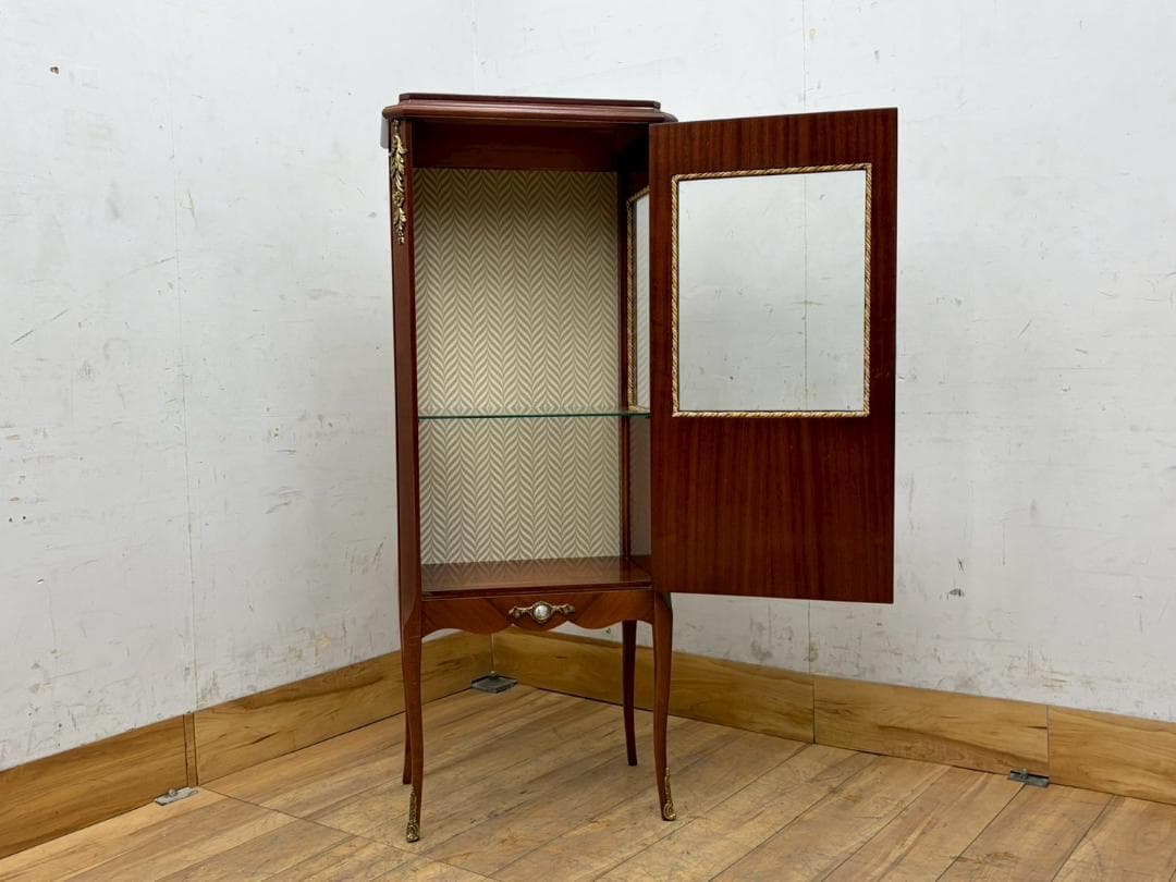 T7991☆展示品イタリアネオクラシックルイ16世様式象嵌細工真鍮金具飾り棚