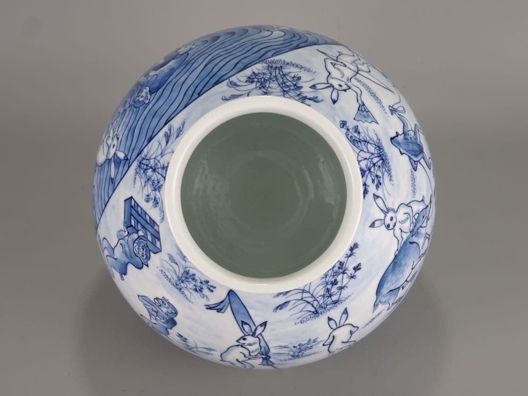 有田焼　名工　村上玄輝　秀逸作　染付　鳥獣戯画図写　花瓶　共箱　花器　壷　花入