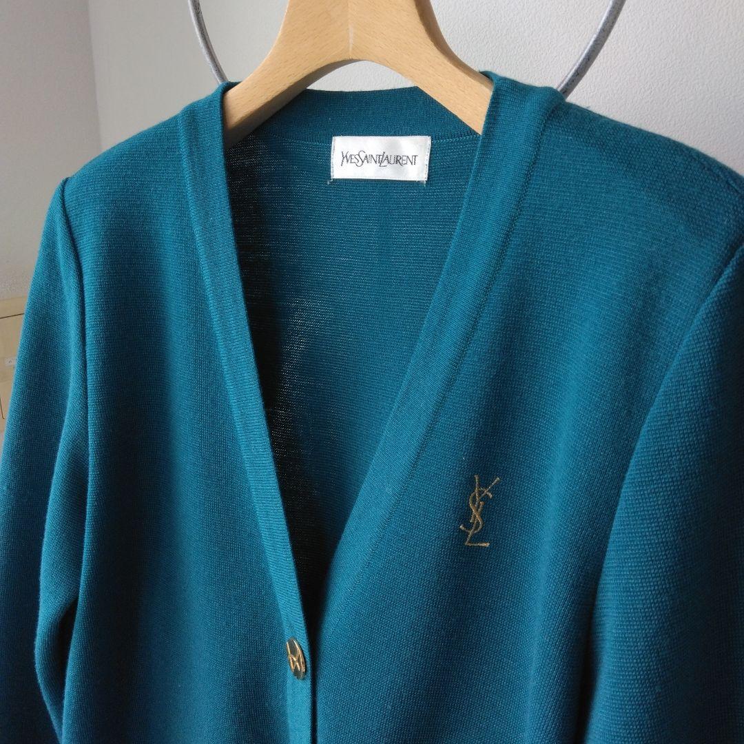 イヴ・サンローラン カーデガン ロゴ刺繍 金ボタン ヴィンテージ グリーン