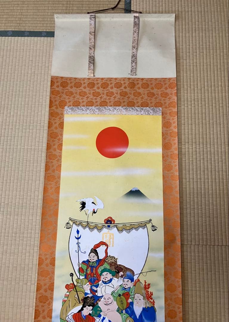 ウォーターライト　佐藤静雲筆 七福神宝船 肉筆絹 本掛軸 共箱 ビンテージ