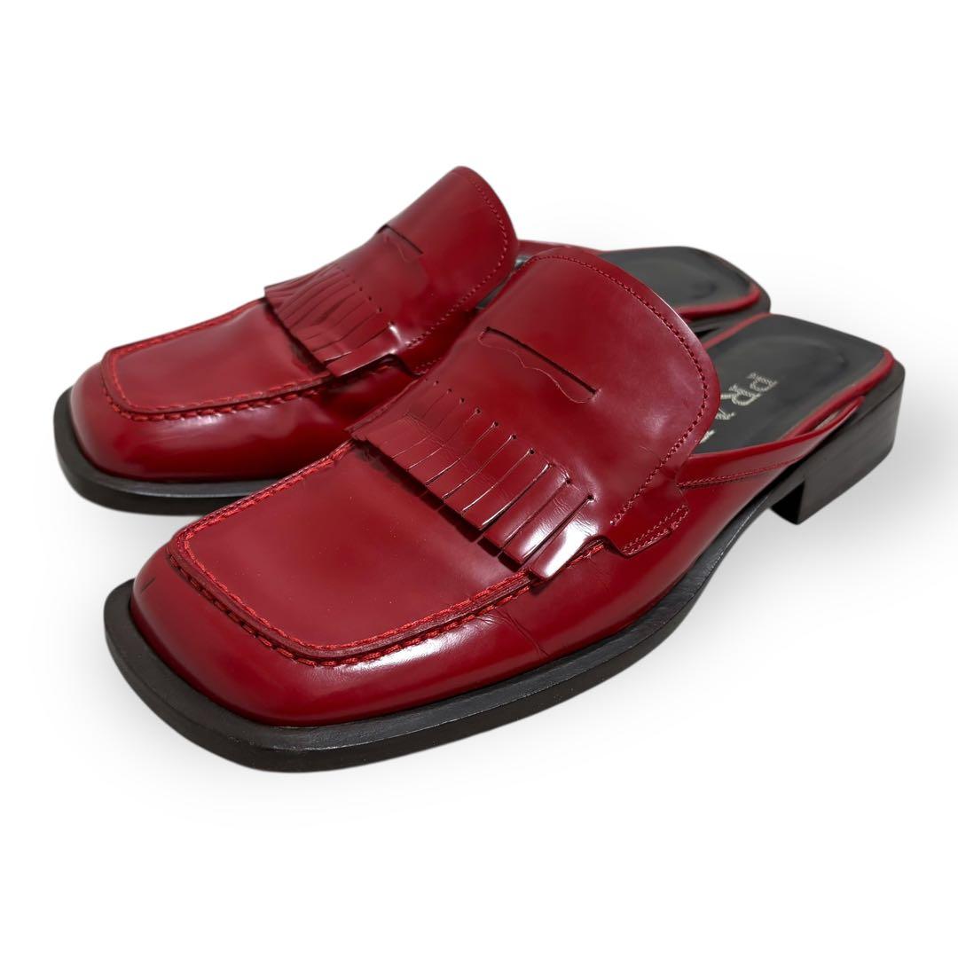 靴 99SS PRADA square toe leather mules red