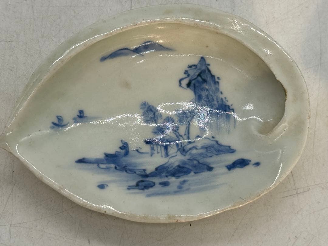 江戸　古伊万里　染付　鮑形山水人物紋小皿6点　　送料込み260130