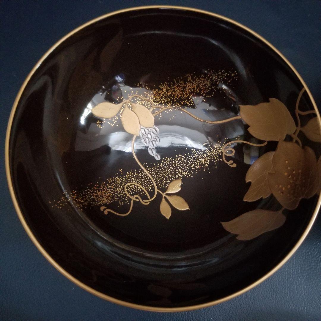美品 輪島塗 黒漆塗 本金加賀蒔絵 金銀彩内・見返し総蒔絵 吸物椀 雑煮 2客