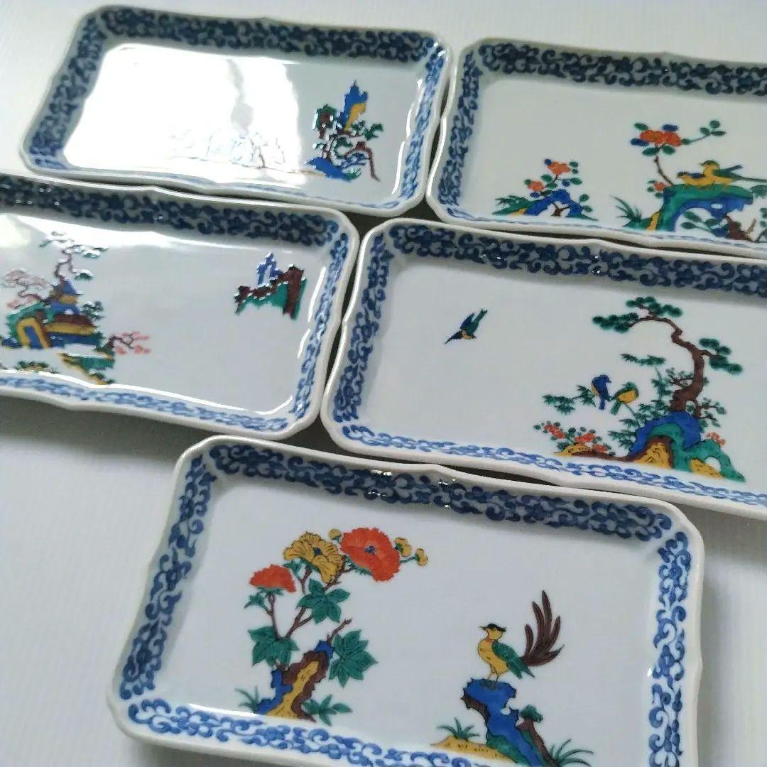古九谷 九谷焼 九谷青郊 青郊窯 絵変わり 花鳥図 長角皿 角皿 5客揃