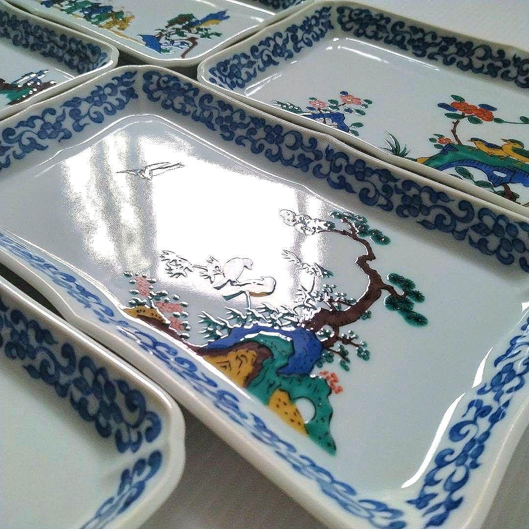 古九谷 九谷焼 九谷青郊 青郊窯 絵変わり 花鳥図 長角皿 角皿 5客揃