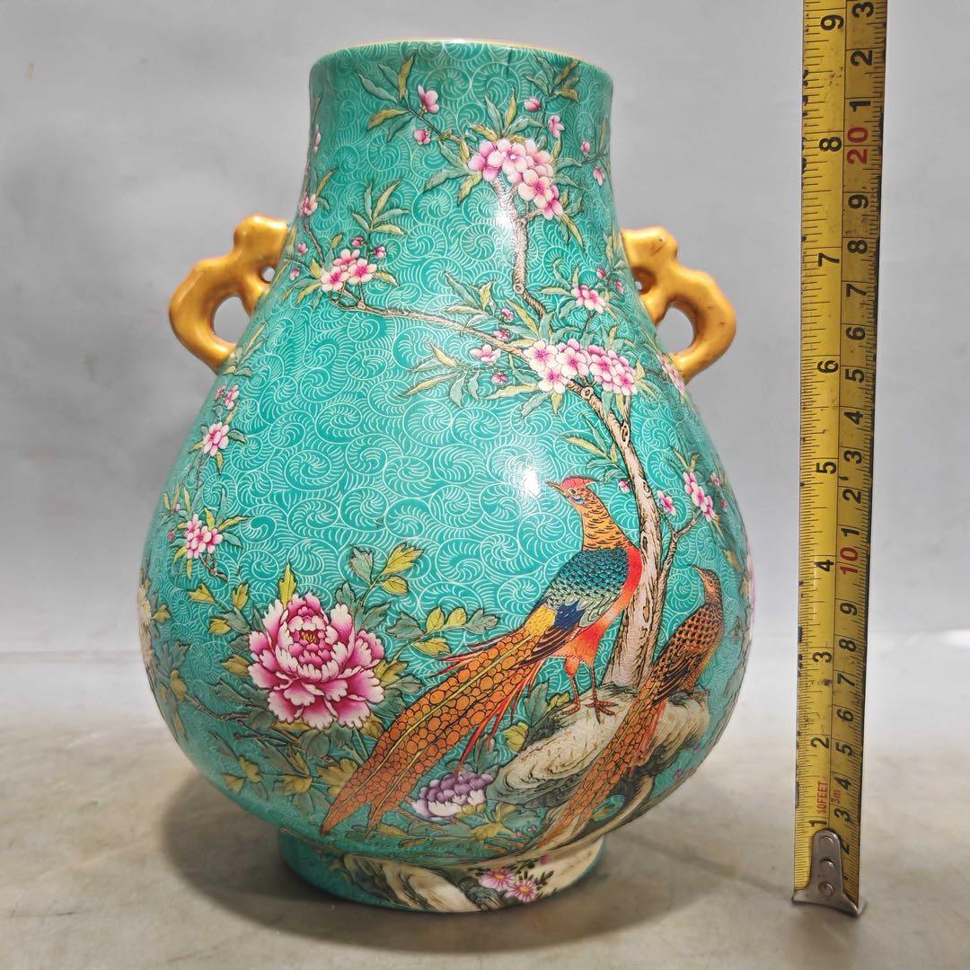 美術品　置物　粉彩雙耳尊　「乾隆御製」銘