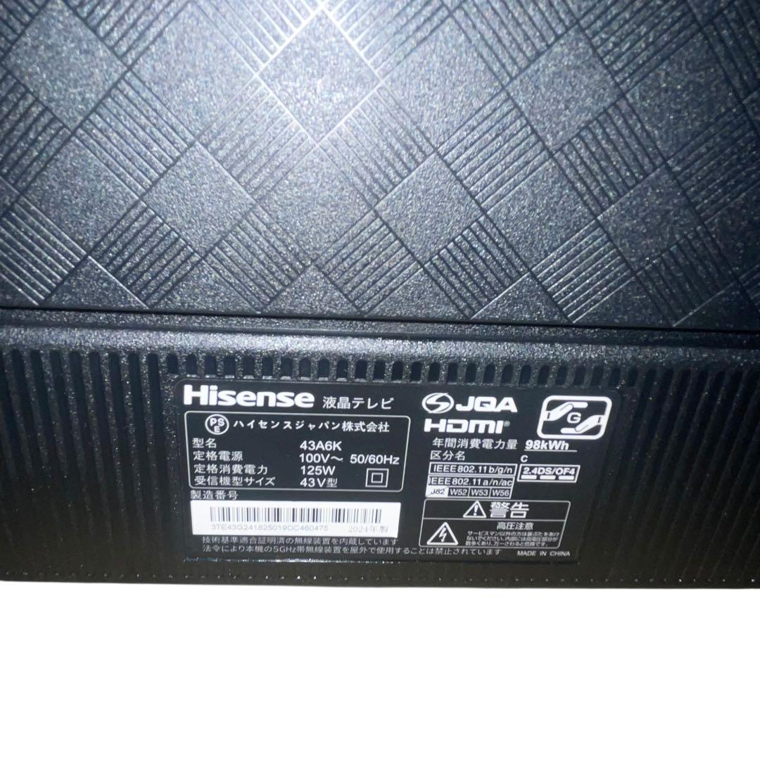 【良品】ハイセンス 43インチ 液晶テレビ 43A6K 　2024年製
