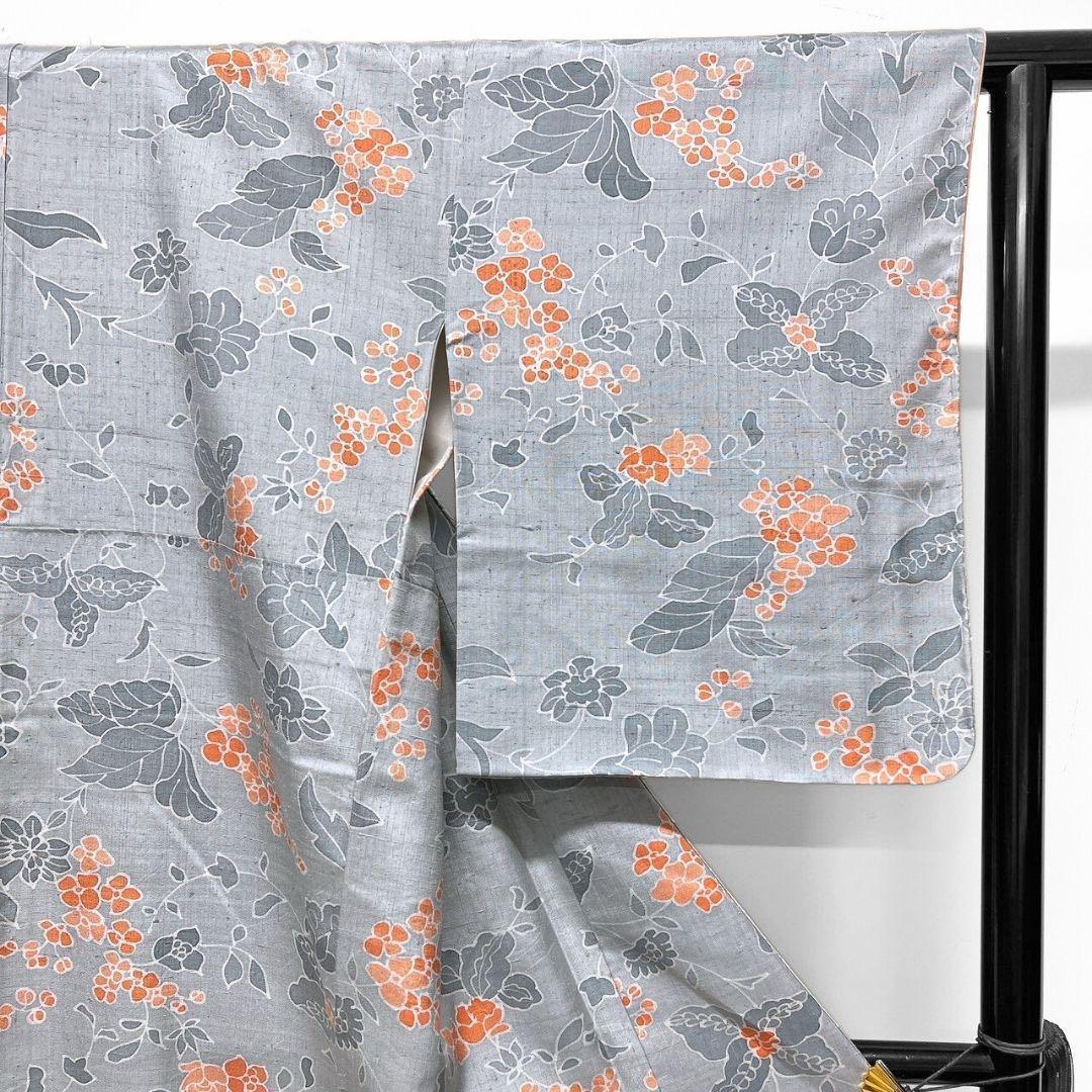 未着用　紬　唐花模様　蛍光オレンジ　小紋　花模様　着物　091w p