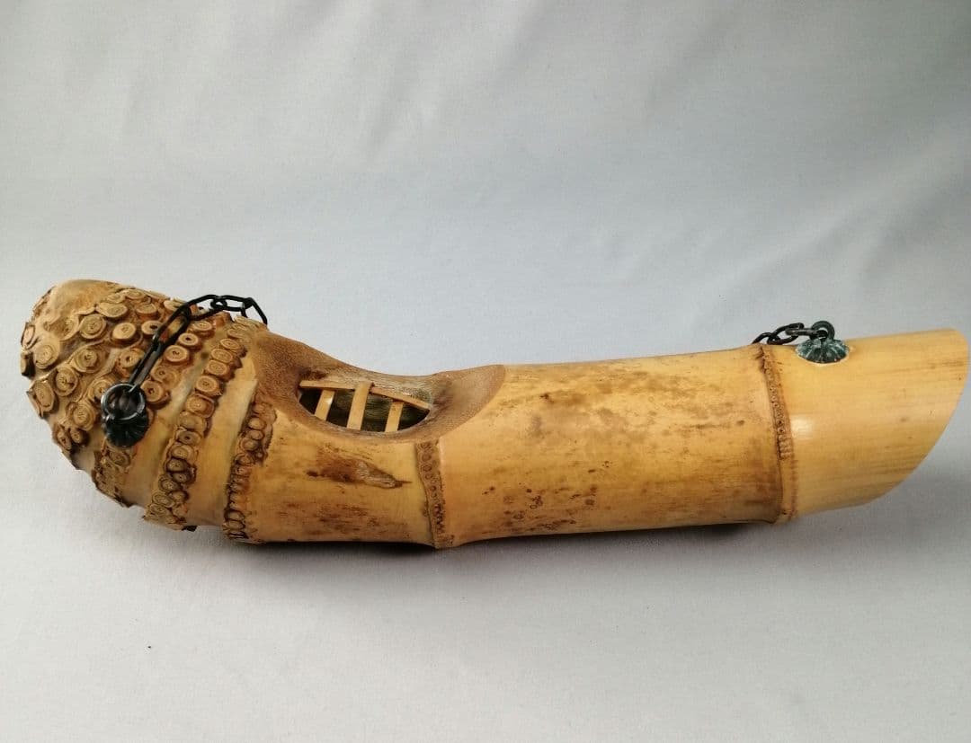 【茶事具】宗泰作　大徳寺紫野與雲和尚在判　銘 恵比寿　竹釣船花入れ　花入れ218