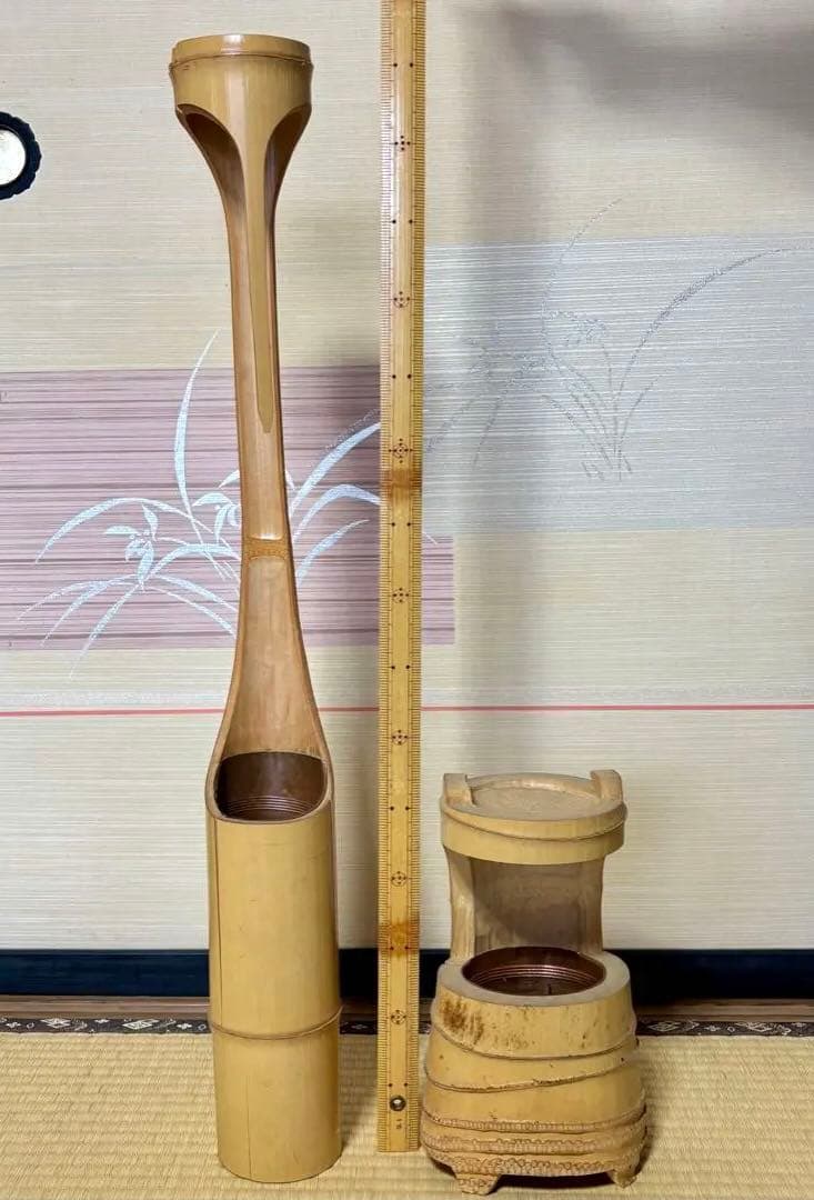 池坊 竹製 花器 鶴亀　つるとかめ