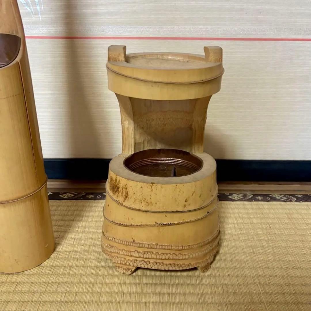 池坊 竹製 花器 鶴亀　つるとかめ