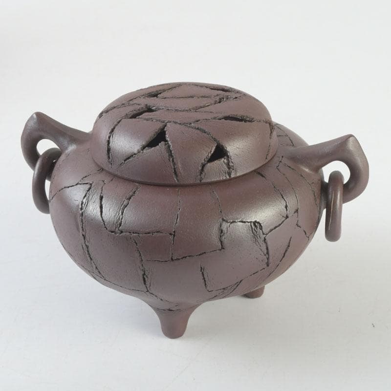 常滑焼　小西洋平作　切練込　香炉　透かし蓋　共箱　V　9623