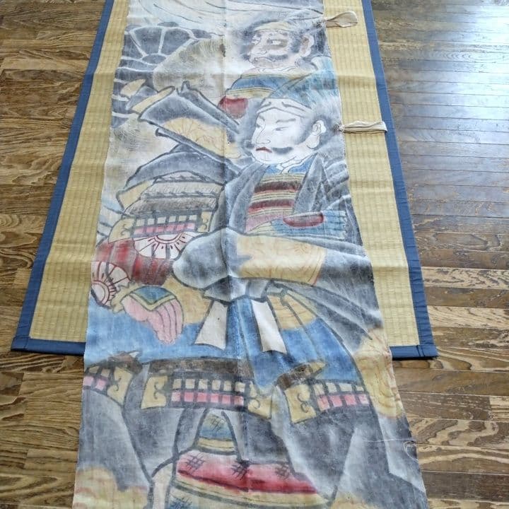 襤褸古布明治時代 のぼり旗手書き、珍品 家紋 襤褸古布藍染