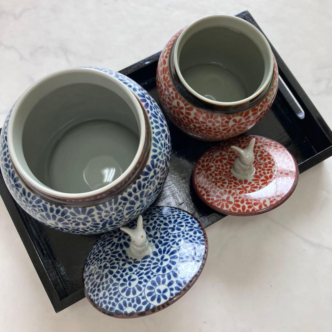 美品♡有田焼♡かわいいうさぎの蓋付き壺♡おぼんセット清秀♡小壺♡茶壺・茶器・陶器
