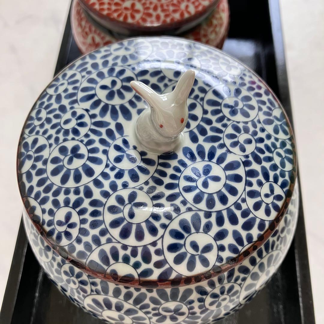 美品♡有田焼♡かわいいうさぎの蓋付き壺♡おぼんセット清秀♡小壺♡茶壺・茶器・陶器