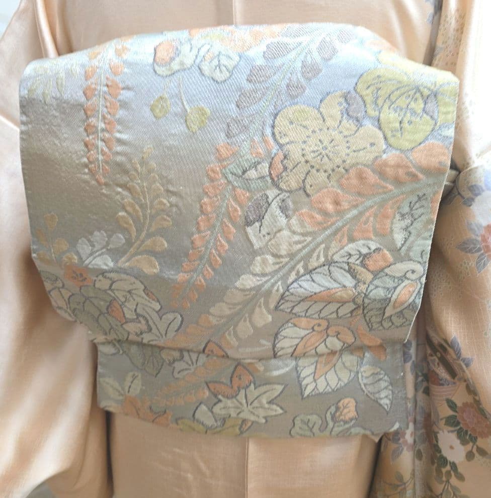 オレンジベージュ糸巻訪問着と袋帯・帯揚げ帯締めの4点フルセット