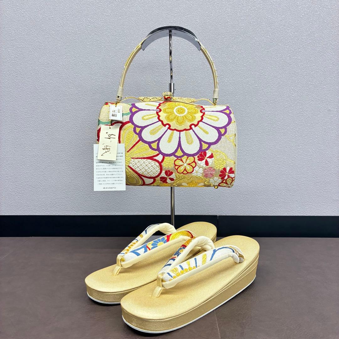 新品 タグ付き 紗織 和装バッグ/草履セット 西陣織 正絹 箱付き