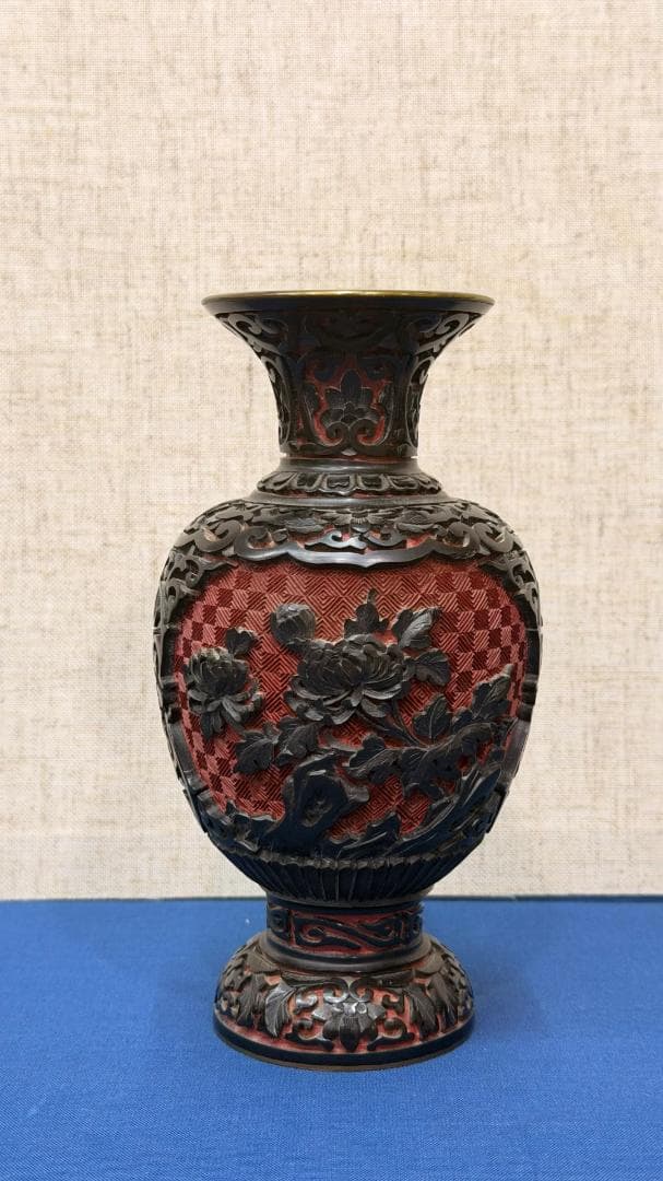 【一点物・古美術】 銅製 堆朱意匠 花鳥文 装飾花瓶｜完形美品