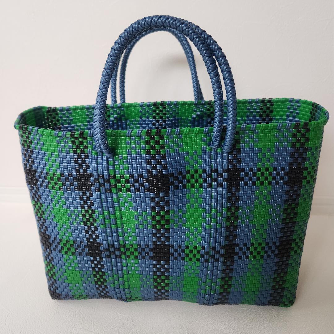 ファミリア　メルカドバッグ　緑　青　チェック　かご　グリーン　ブルー